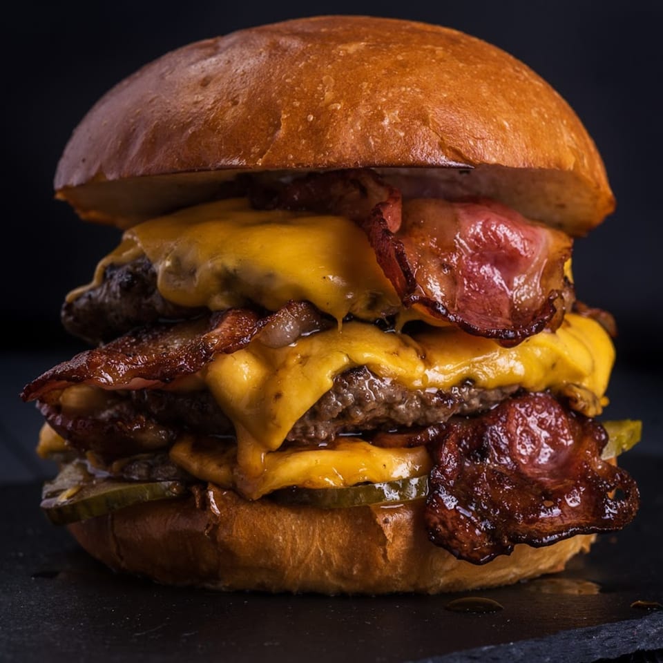 A towering Samz Smash burger with multiple patties, melted cheese, crispy bacon, and pickles.
