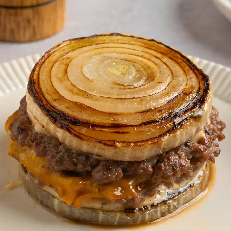 Samz Smash burger with grilled onion buns, melted cheese, and ground beef patties.